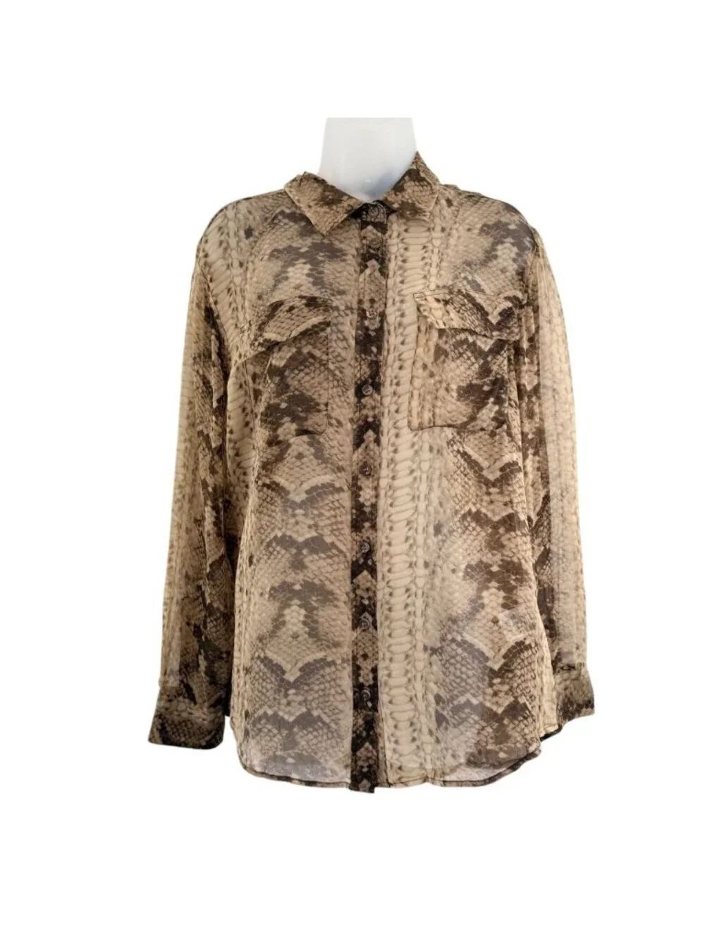 Equipment Womens Snake Print Silk Button Up Shirt Brown Tan Size Medium Sheer